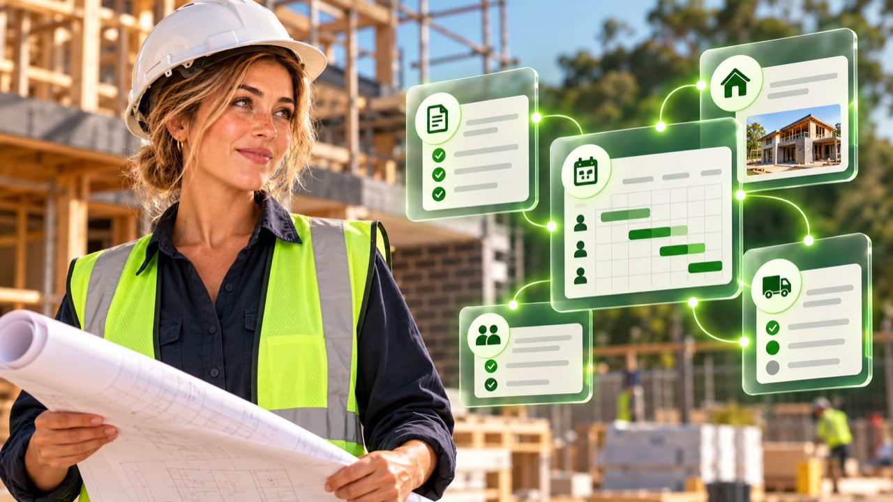 Builder reviewing a construction project with connected website and job workflow tools