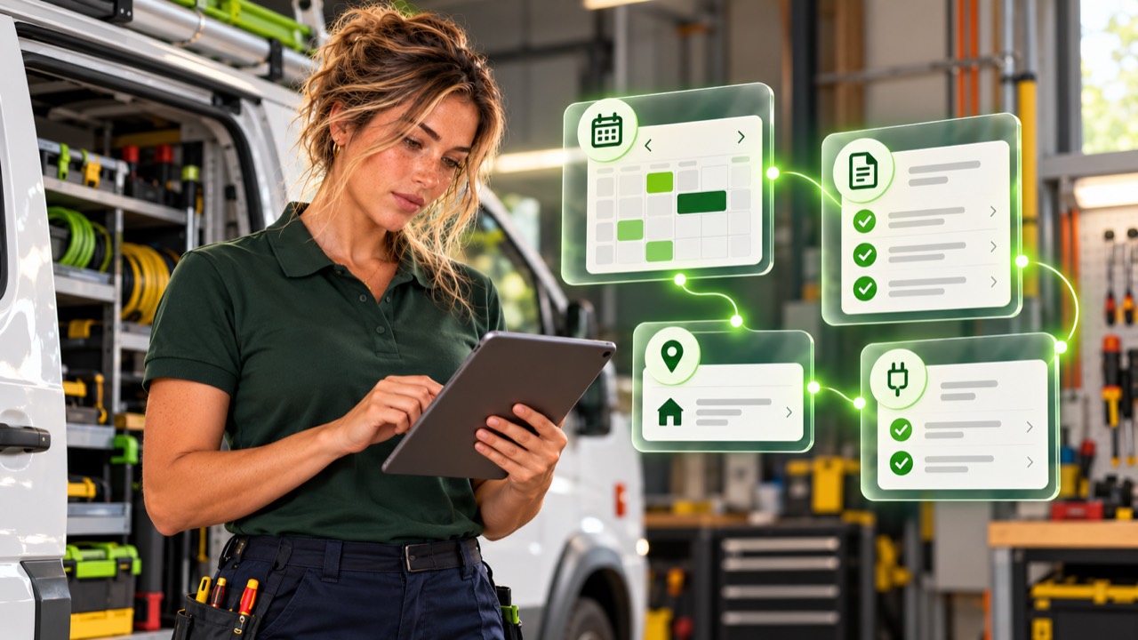 Electrician using a mobile job workflow with connected website and scheduling tools